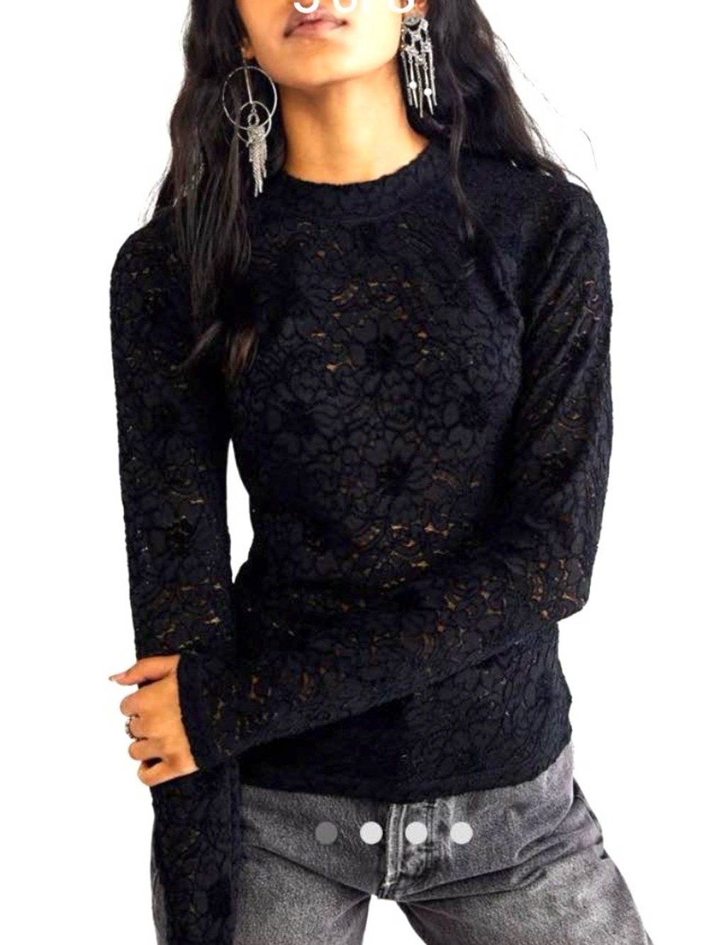 Free People Cloud Ride Lace Crew Black Floral Long Sleeve Top
